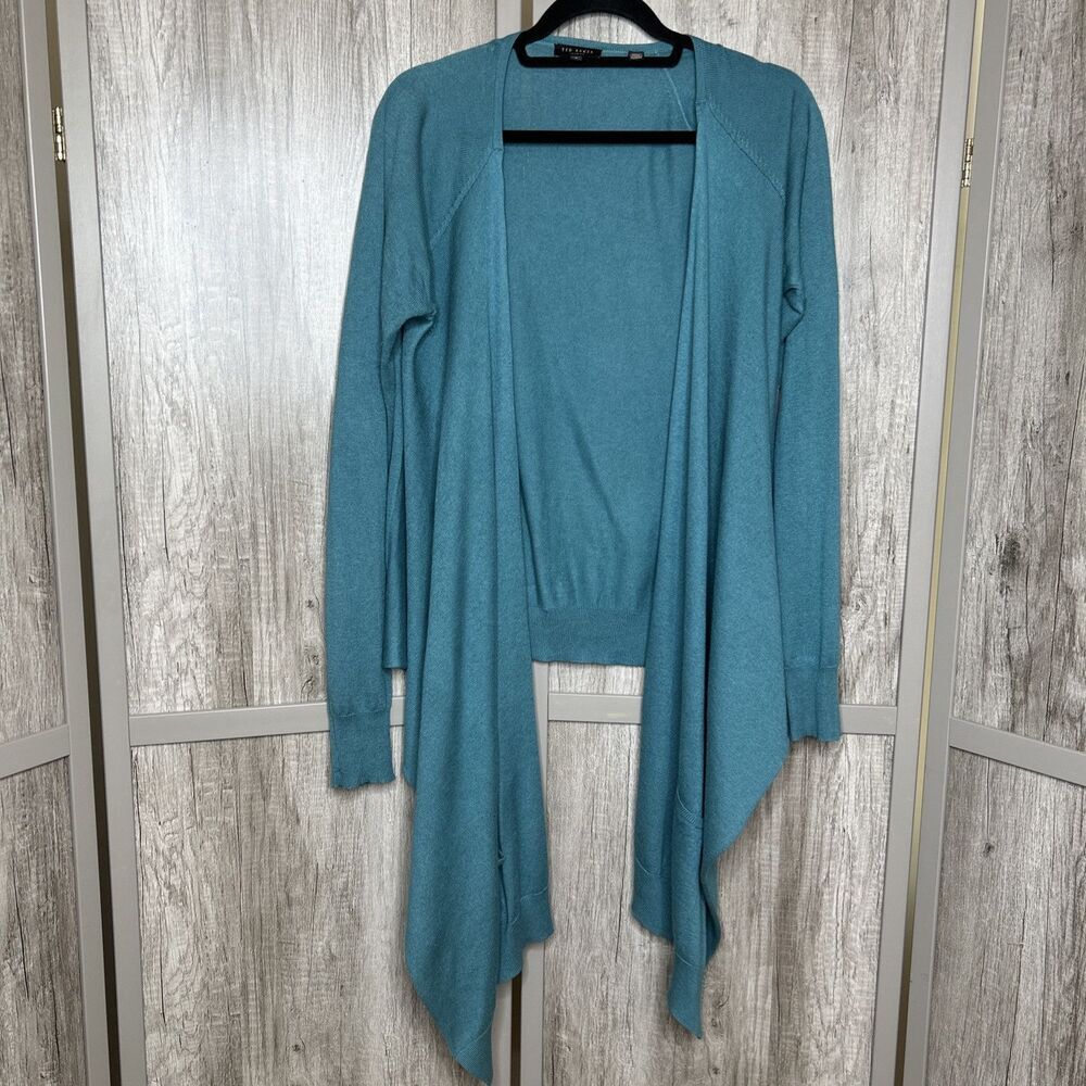 Ted Baker Wrap Cardigan Teal Color Silk and Angora Pockets Long Sleeves Size 4